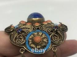 Large Antique Lapis Coral Chinese Silver Filigree Blue Enamel Butterfly Bracelet