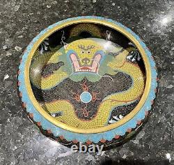 Large Antique Oriental Chinese Cloisonne Brass Enamel Dragon Bowl Dish 20cm