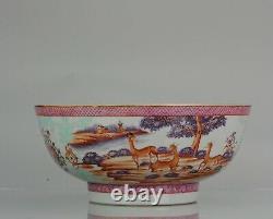 Large Antique Qianlong 18th Mandarin Rose Porcelain Bowl Chinese DEER OX