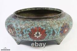 Large Antique Qing Dynasty Chinese Cloisonne Lotus Flower Tripod Censer Signed