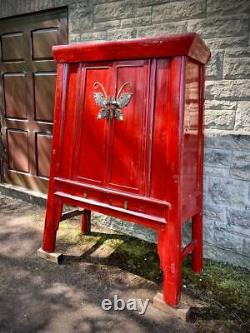 Large Antique Red Lacquer Chinese Wedding Cabinet with Butterfly Clasp