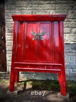 Large Antique Red Lacquer Chinese Wedding Cabinet with Butterfly Clasp