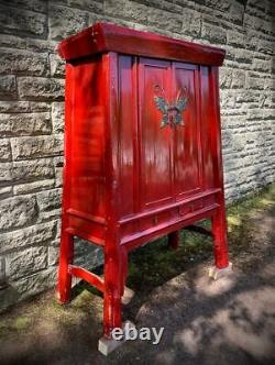 Large Antique Red Lacquer Chinese Wedding Cabinet with Butterfly Clasp