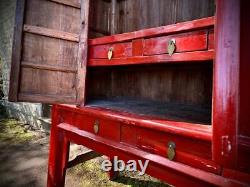 Large Antique Red Lacquer Chinese Wedding Cabinet with Butterfly Clasp