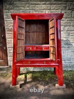 Large Antique Red Lacquer Chinese Wedding Cabinet with Butterfly Clasp