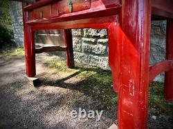 Large Antique Red Lacquer Chinese Wedding Cabinet with Butterfly Clasp