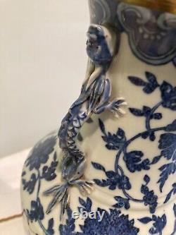 Large Antique Vintage Chinese Blue & White Table Lamp Refurbished