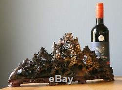 Large Antique Vintage Chinese Grape Vines and Squirrels Soapstone Carving