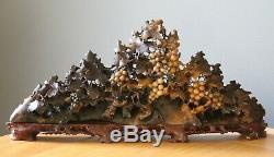 Large Antique Vintage Chinese Grape Vines and Squirrels Soapstone Carving