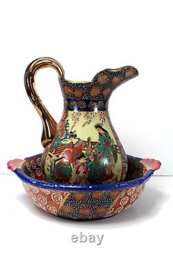 Large Antique Vintage Chinese Imari MeijiHand painted Gilt Porcelain Bowl & Jug