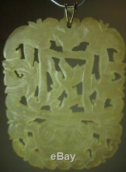 Large Antique Vtg Carved Jade Pendant Plate 14K Gold Hetian Celadon Nephrite
