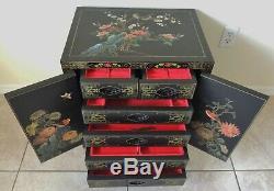 Large Antique/Vtg Chinese Black Lacquer Jewelry Box Chest Cabinet Side/End Table