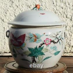 Large Antique famille rose lidded bowl with butterfly pattern Late Qing Dynasty
