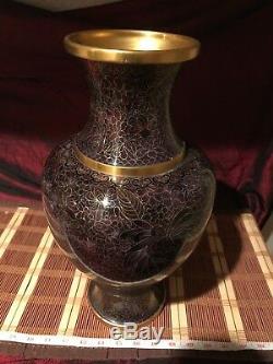 Large Asian Cloisonné Brass & Enamel Vase Purple Floral 15 1/2x8