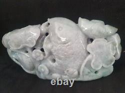 Large Authentic Antique Chinese Jade Feng Shui Year Fish Lotus Leaf