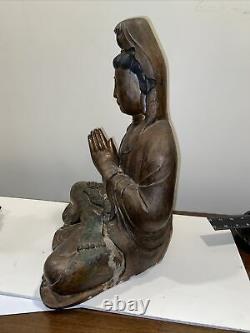 Large Carved Chinese Painted And Gilt Seated Buddha Guangying 19 Height