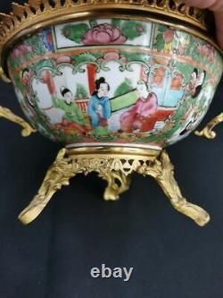 Large Chinese 19th C. Rose Medallion Canton Porcelain Bowl French Ormolu Mounts