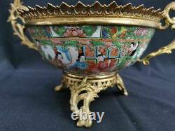 Large Chinese 19th C. Rose Medallion Canton Porcelain Bowl French Ormolu Mounts
