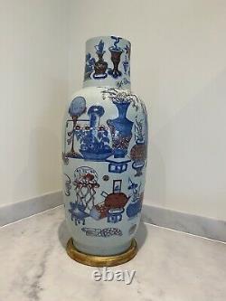 Large Chinese 19th Century Blue And White And Underglaze Red Porcelain Vase Qing
