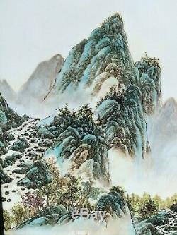 Large Chinese Antique Mountain Tree Painting On Porcelain Plaque Tile 2 Pieces
