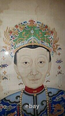 Large Chinese Antique ancestral watercolor painting of Qing Dynasty monarch Cixi