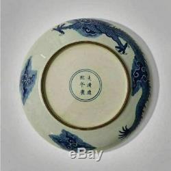 Large Chinese Antiques Porcelain Plate Blue&White Dragon Painting Marks KangXi