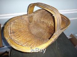 Large Chinese Asian Antique Woven Basket Rare Unusual Shape Detailed Wood Handle
