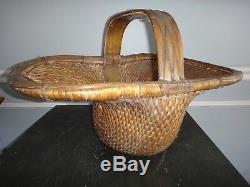 Large Chinese Asian Antique Woven Basket Rare Unusual Shape Detailed Wood Handle