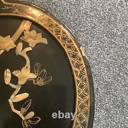 Large Chinese Black Lacquer Mother Of Pearl Wall Panel Raised Nature Birds