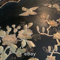 Large Chinese Black Lacquer Mother Of Pearl Wall Panel Raised Nature Birds