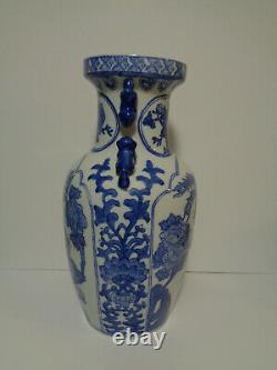 Large Chinese Blue And White Vase Applied Foo Dog handles Porcelain Boulster