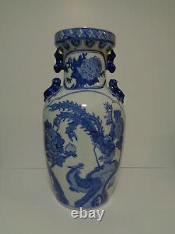 Large Chinese Blue And White Vase Applied Foo Dog handles Porcelain Boulster