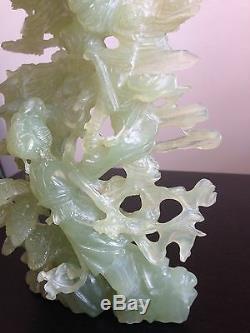 Large Chinese Carved Celery Green Serpentine Or Jade Standing Woman w Monkey