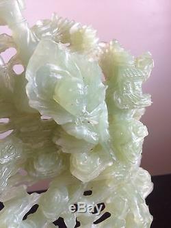 Large Chinese Carved Celery Green Serpentine Or Jade Standing Woman w Monkey