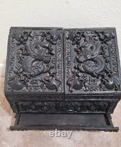 Large Chinese Carved Wooden Slant-Lid Letter Box Antique