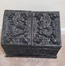 Large Chinese Carved Wooden Slant-Lid Letter Box Antique