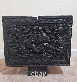 Large Chinese Carved Wooden Slant-Lid Letter Box Antique