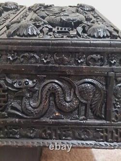 Large Chinese Carved Wooden Slant-Lid Letter Box Antique