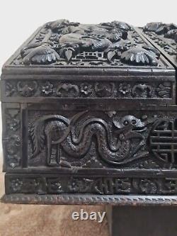 Large Chinese Carved Wooden Slant-Lid Letter Box Antique