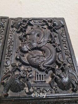 Large Chinese Carved Wooden Slant-Lid Letter Box Antique