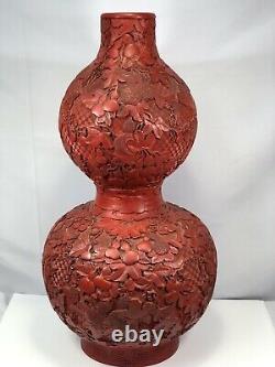 Large Chinese Cinnabar Double Gourd Vase