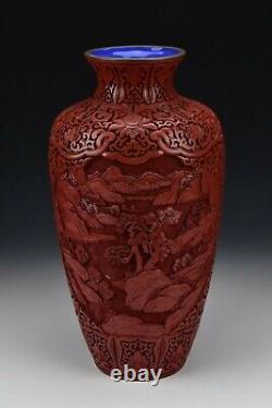 Large Chinese Cinnabar Lacquer Vase with Scenic Views Republic Period