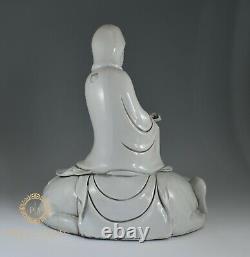 Large Chinese Dehua Porcelain Blanc De Chine Seated Guanyin On Lion Figure