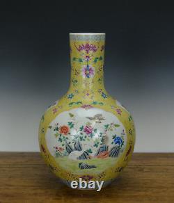 Large Chinese Famille Rose Painted Yellow Ground Porcelain Vase