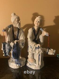 Large Chinese Fisherman Couple Blue White Porcelain Figurine Statues ROC