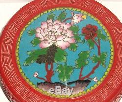 Large Chinese Floral Carved Cinnabar Lacquer Cloisonne Enamel Bowl Jar Box