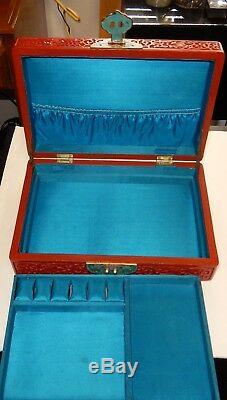 Large Chinese Floral Carved Cinnabar Lacquer Cloisonne Enamel Jewelry Trunk Box