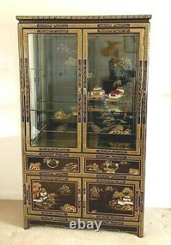 Large Chinese Furniture Black Lacquered Chinoiserie Display Cabinet 68 ins Tall