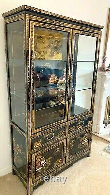 Large Chinese Furniture Black Lacquered Chinoiserie Display Cabinet 68 ins Tall