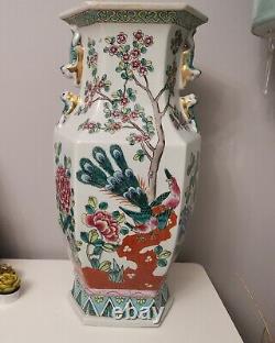 Large Chinese Hexagon Vase With Peacock 40cm High